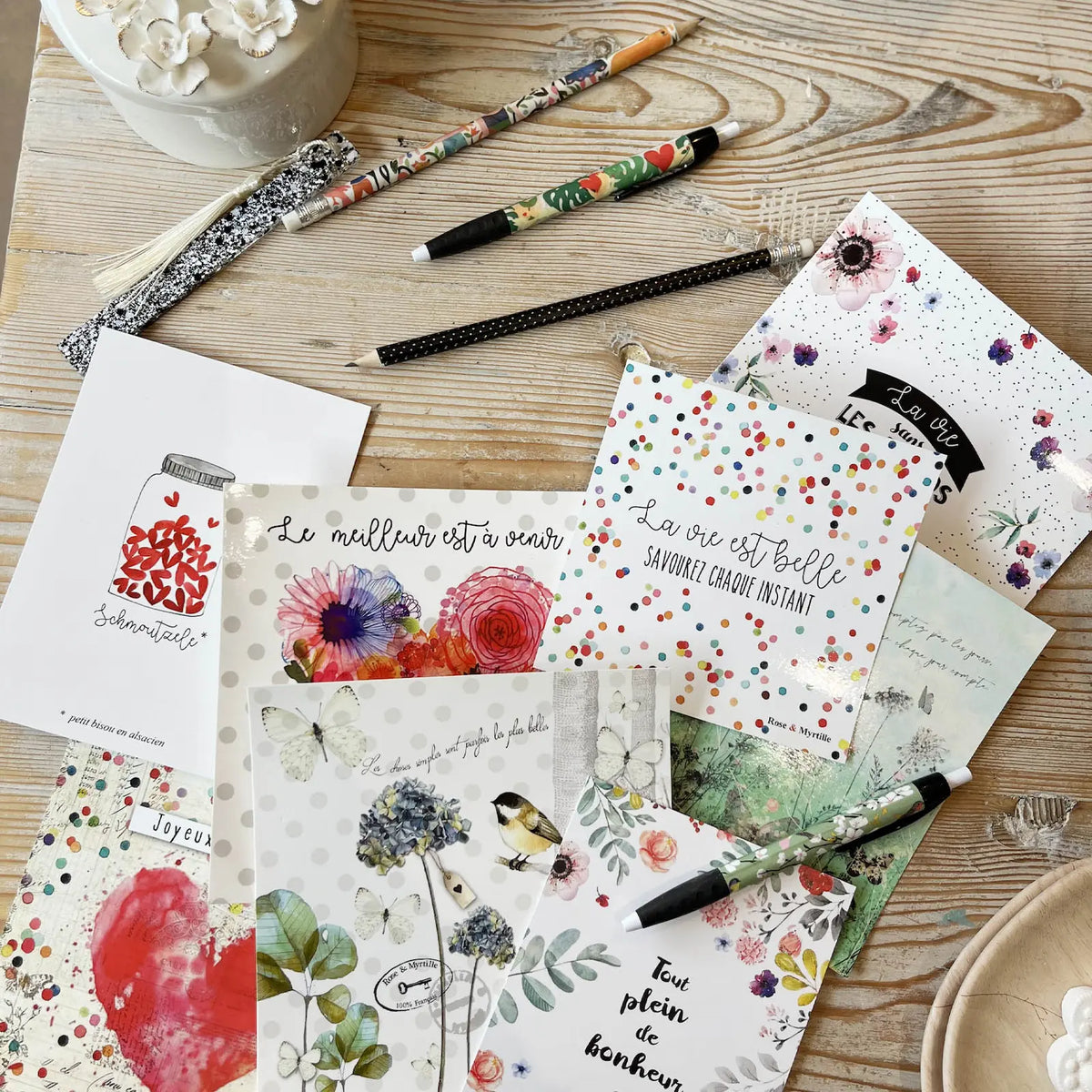Cartes postales illustrées Rose & Myrtille en vue dessus, papeterie poétique
