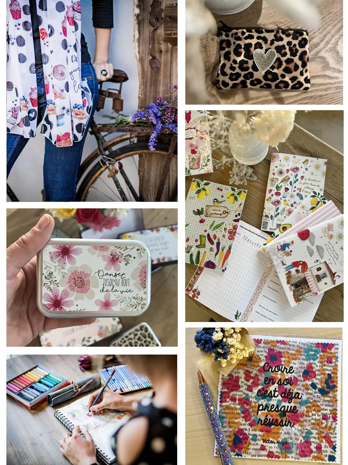 Galerie de créations Rose & Myrtille : foulard à motifs gourmands, porte-monnaie léopard, boîte métallique fleurie, papeterie illustrée et dessin à la main