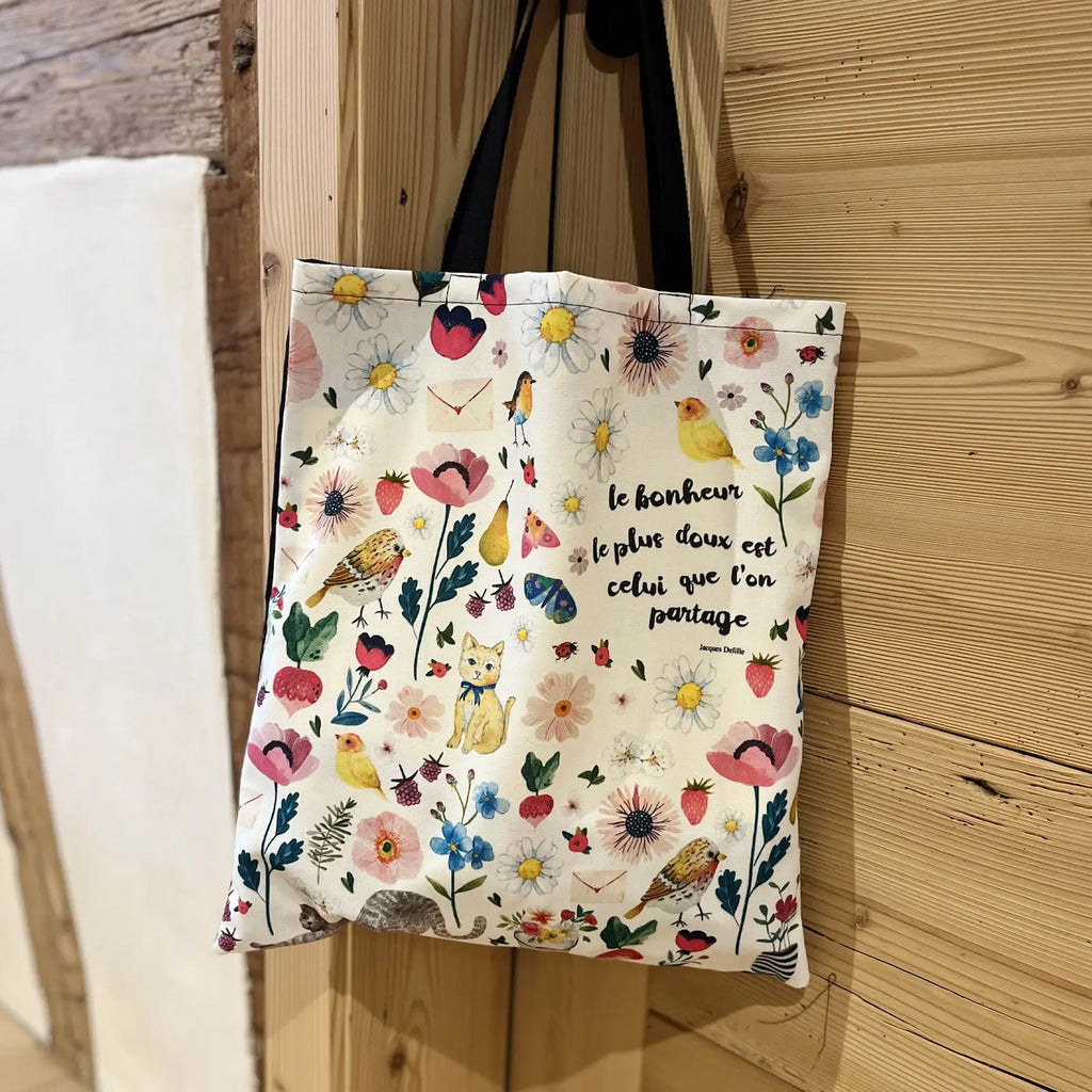 Tote bag illustré imagier fleurs oiseaux et animaux citation bonheur