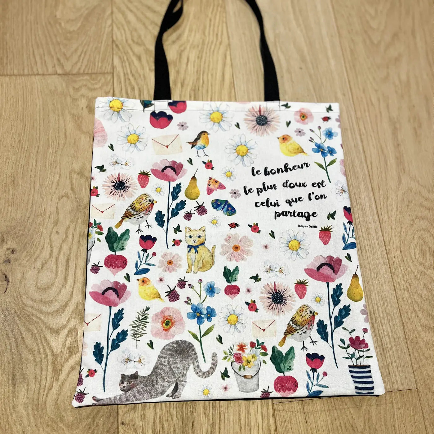Tote bag imagier illustré fleurs animaux et oiseaux sac en tissu