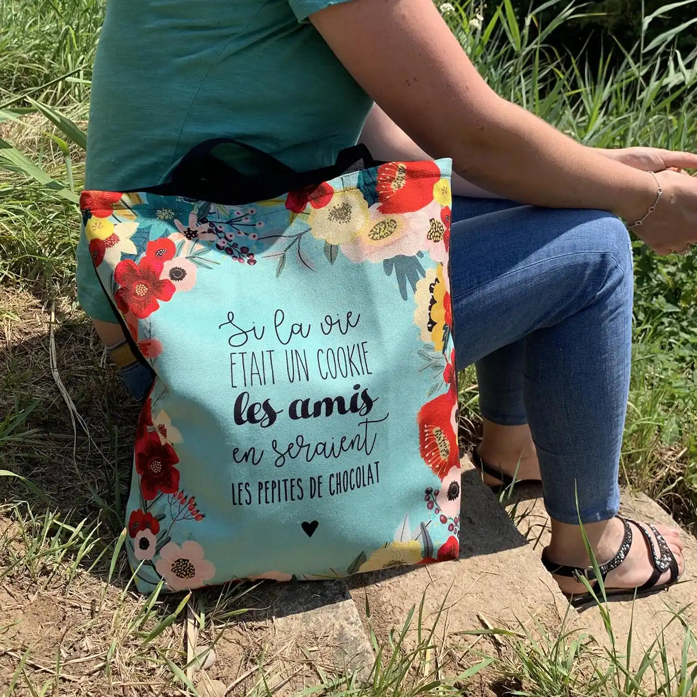 Tote bag citation amis pépites de chocolat sac illustré fleurs