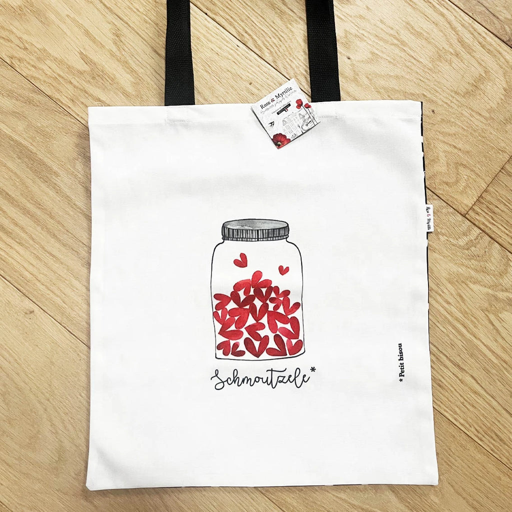 Tote bag illustré bocal cœurs rouges Schmoutzele sac illustré