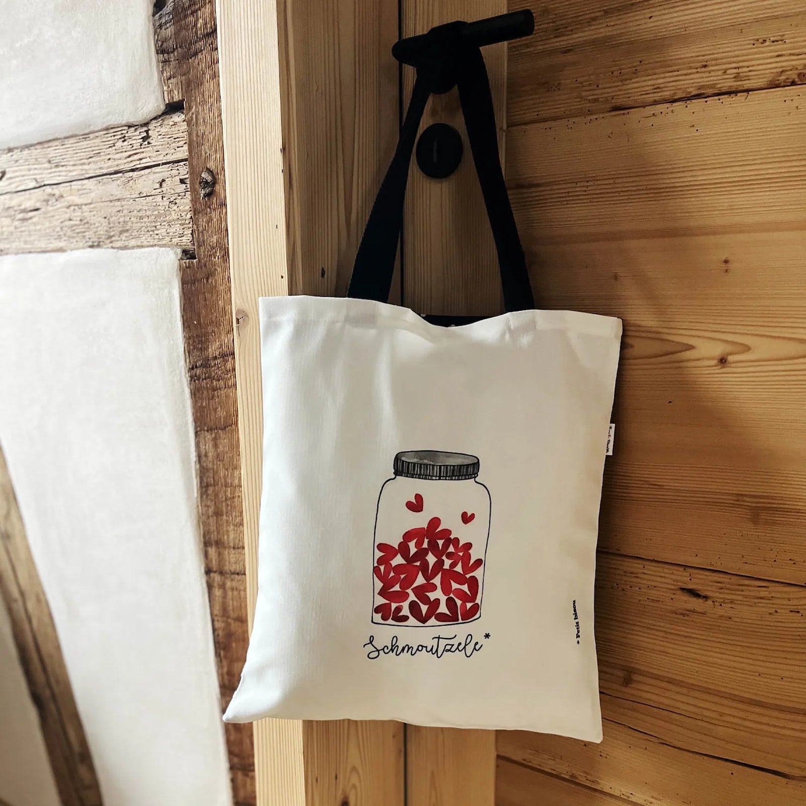 Tote bag Schmoutzele illustré bocal cœurs rouges sac en tissu